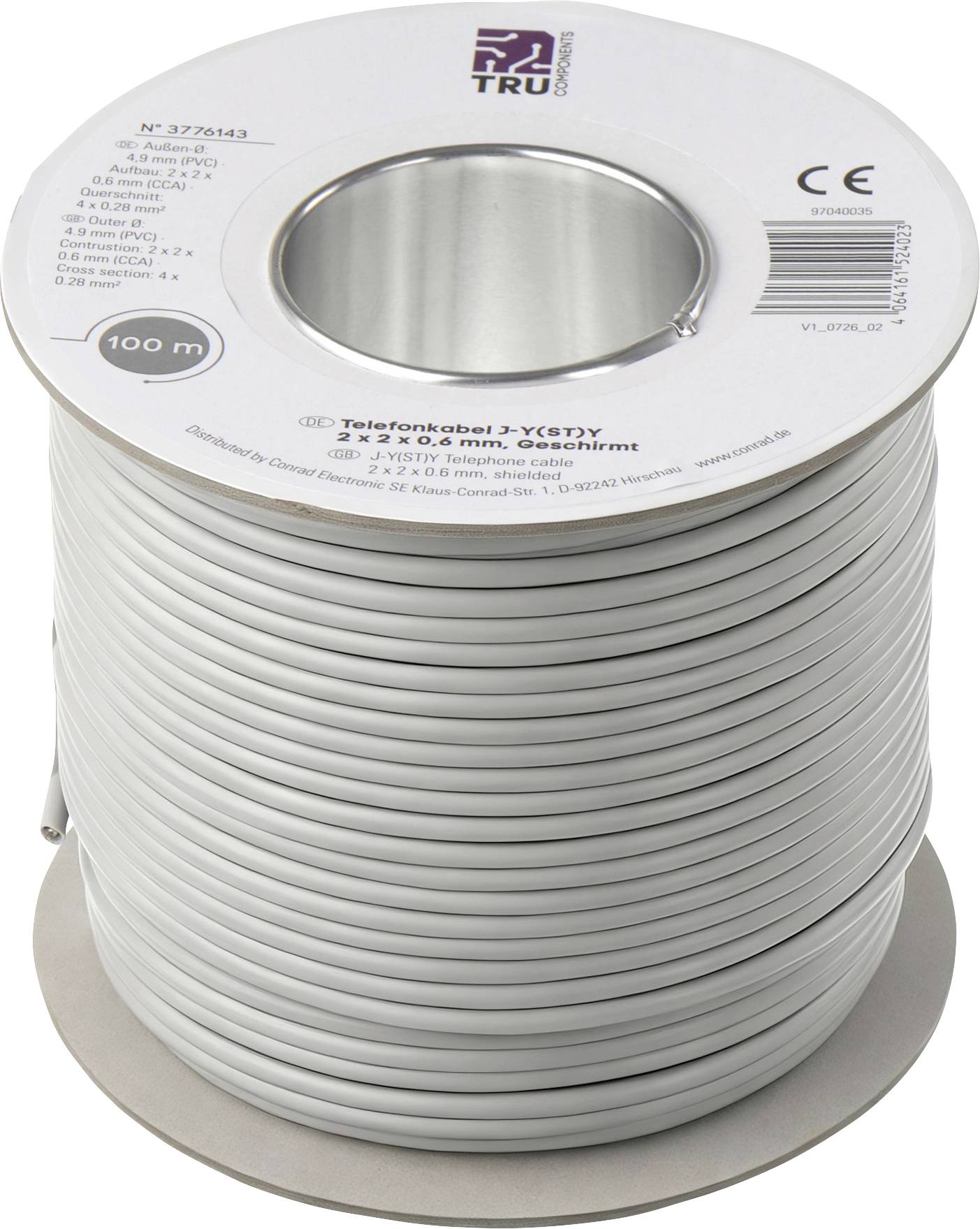TRU COMPONENTS TC-15104572 Cable de teléfono J-Y(ST)Y 2 x 2 x 0.28 mm² Gris 100 m