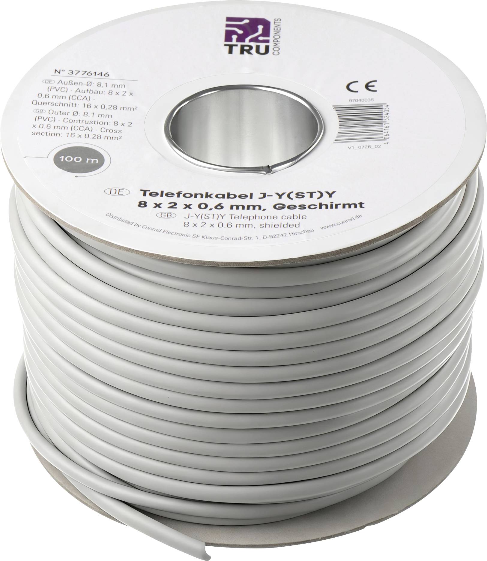 TRU COMPONENTS TC-15104584 Cable de teléfono J-Y(ST)Y 8 x 2 x 0.28 mm² Gris 100 m