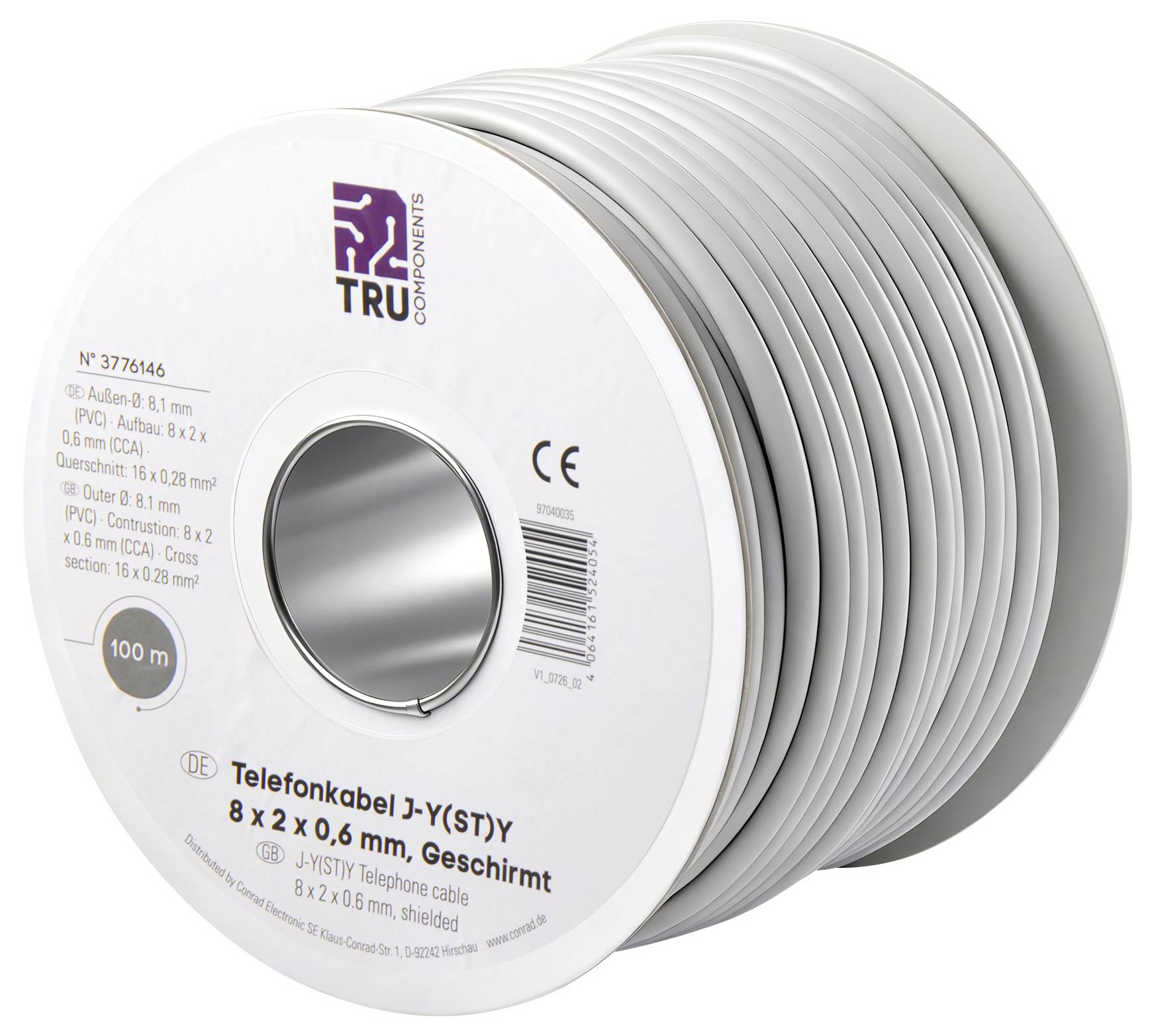TRU COMPONENTS TC-15104584 Cable de teléfono J-Y(ST)Y 8 x 2 x 0.28 mm² Gris 100 m-1