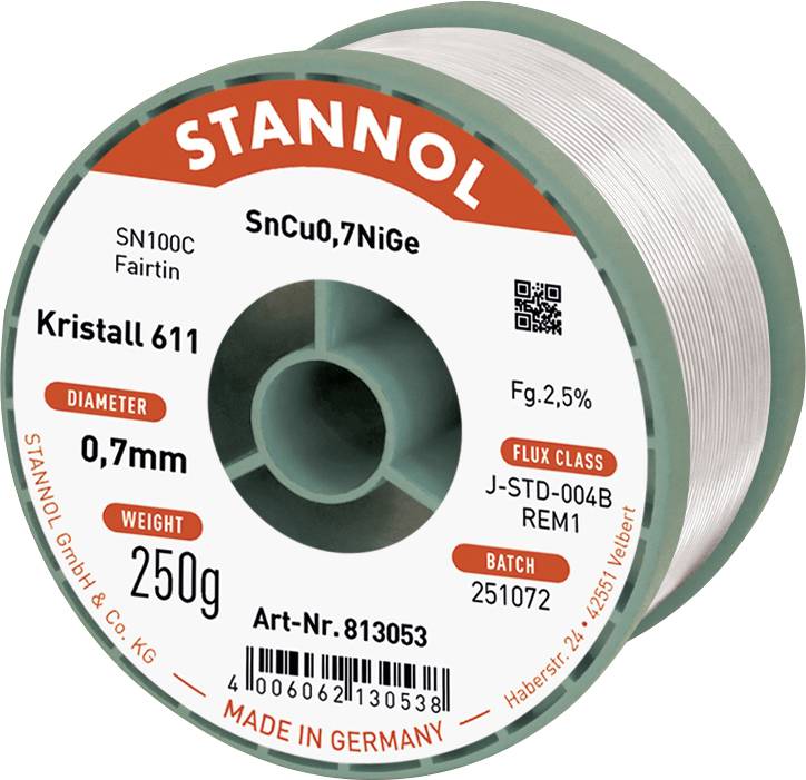 Stannol Lötdraht Kristall 611 Estaño para soldar, sin plomo Sin plomo, Bobina REM1 250 g 0.7 mm