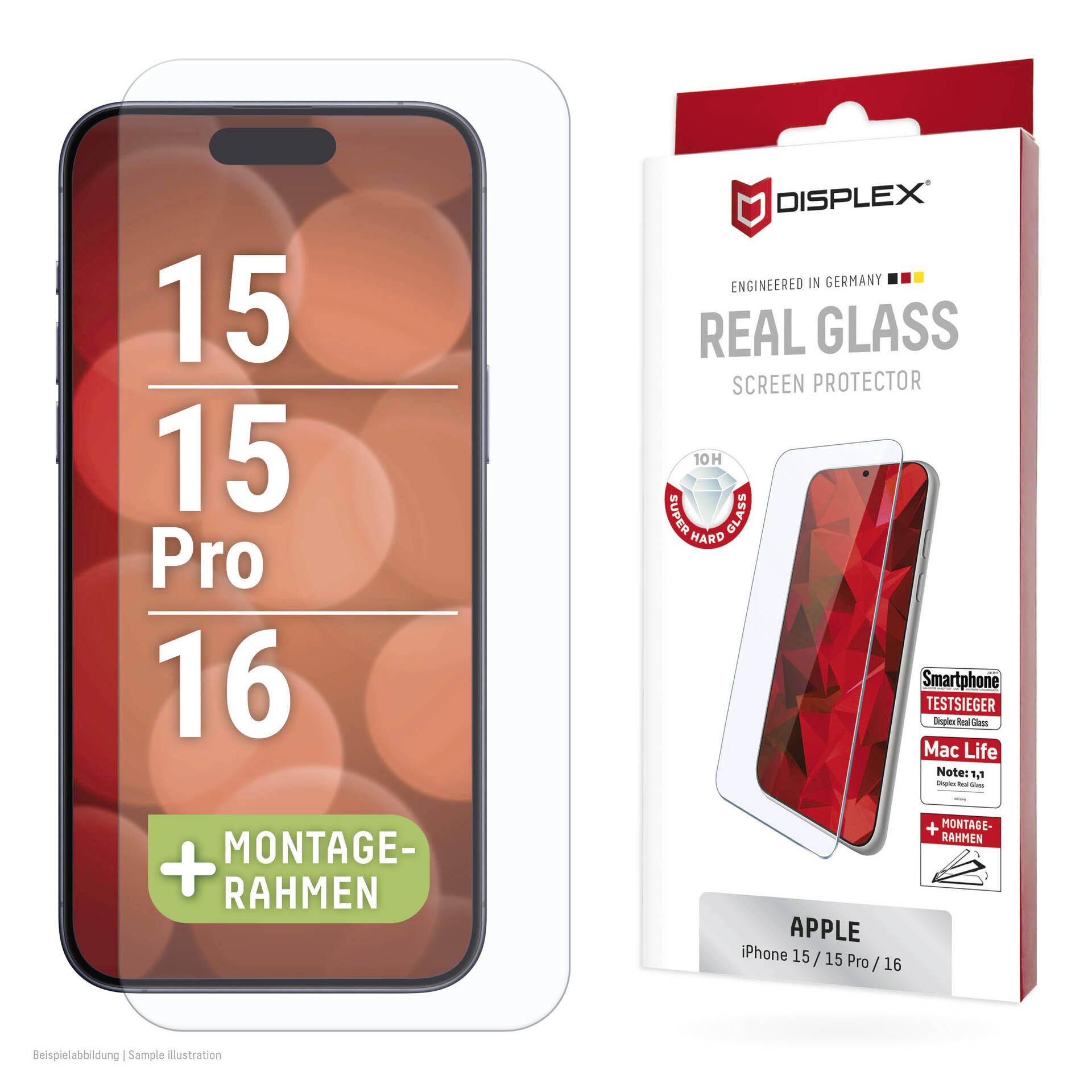 DISPLEX Real Glass Cristal protector de pantalla Apple iPhone 15, iPhone 15 Pro, iPhone 16 1 UD(S). Antihuellas 02012-0