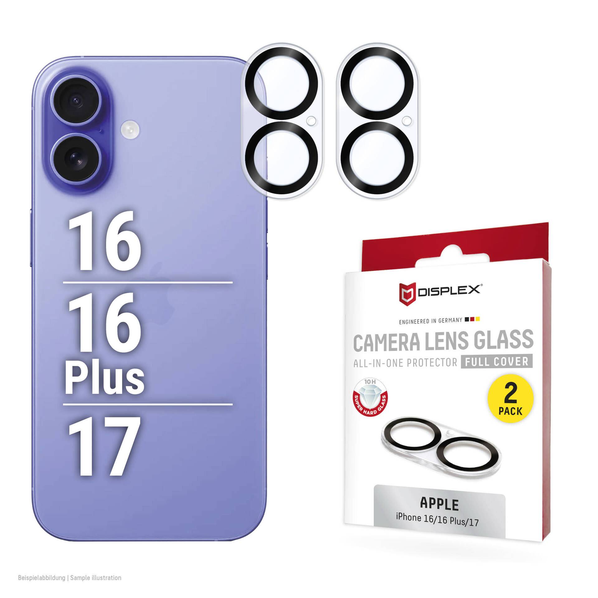 DISPLEX CamGlass All-in-1 Cristal protector de cámara Apple iPhone 16, iPhone 16 Plus, iPhone 17 1 Set Antihuellas 02115-0