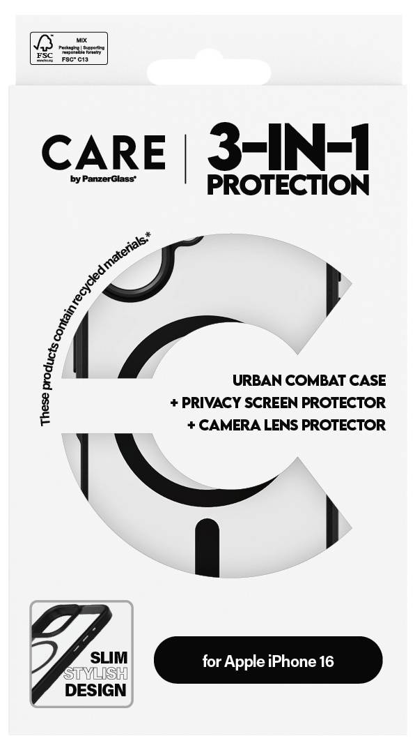 PanzerGlass Flagship 3-in-1 Privacy Funda + juego de protectores de cristal Apple iPhone 16 Transparente, Schwarz B1357+-3