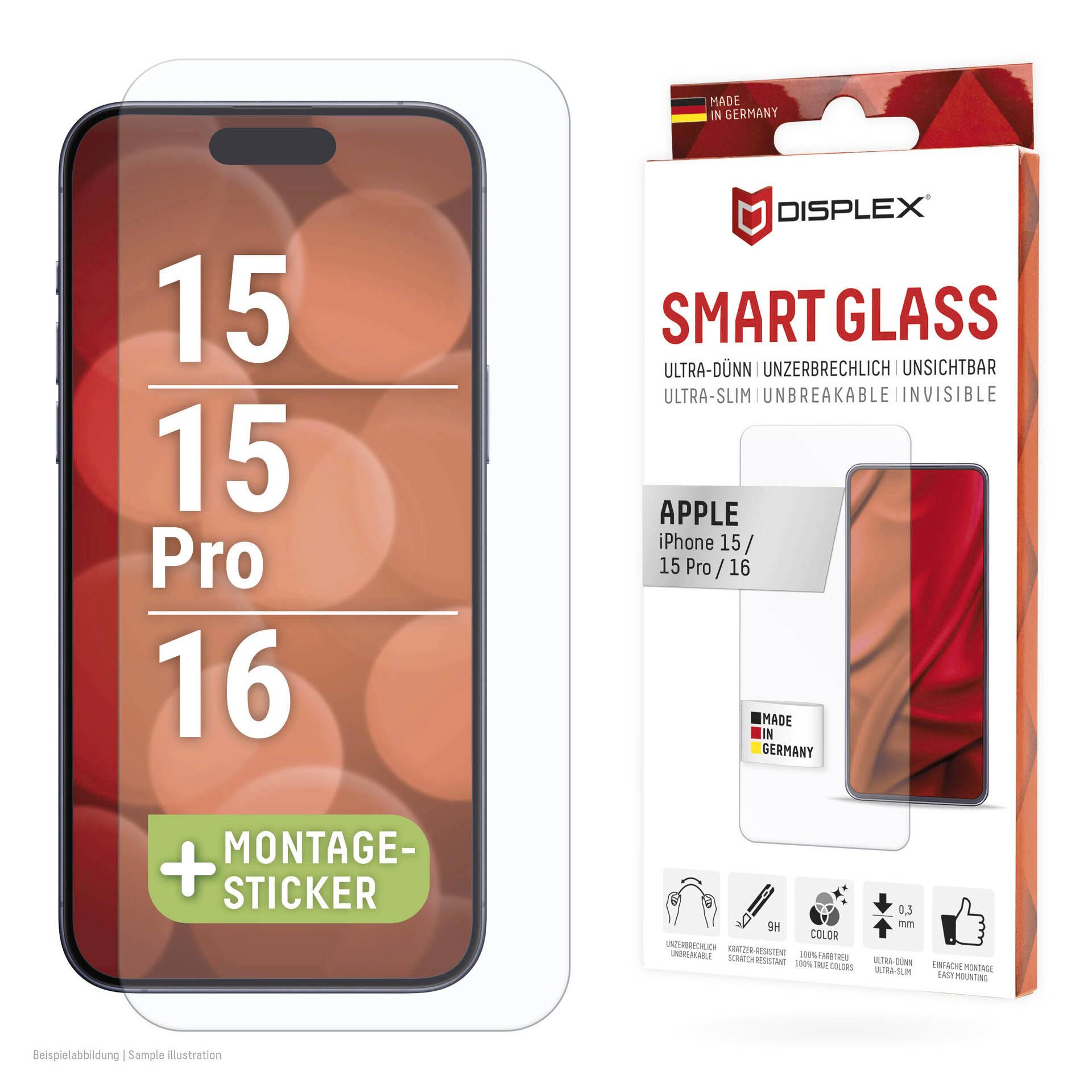 DISPLEX Smart Glass Cristal protector de pantalla Apple iPhone 15, iPhone 15 Pro, iPhone 16 1 UD(S). Antihuellas 02010-0