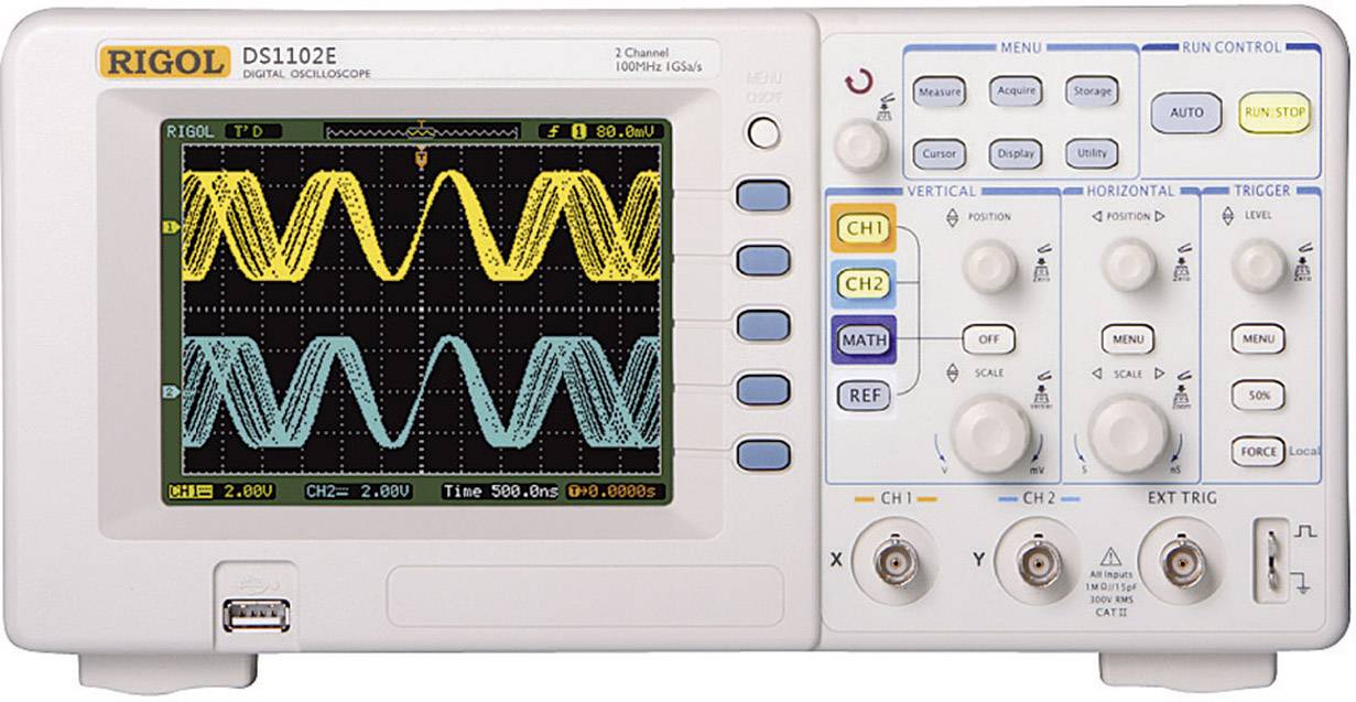 Rigol DS1102E Osciloscopio digital Calibrado según (Laboratorio acreditado SCS (SCS)) 100 MHz 2 canales 500 MSa/s 512 kpts 8 Bit Memoria digital (DSO) 1 UD(S).