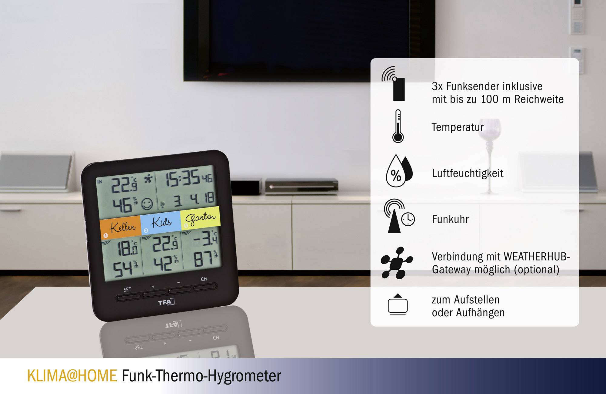 TFA Dostmann Weatherhub SmartHome System Klima@Home Termómetro/higrómetro remoto Schwarz 30.3060 IT-3