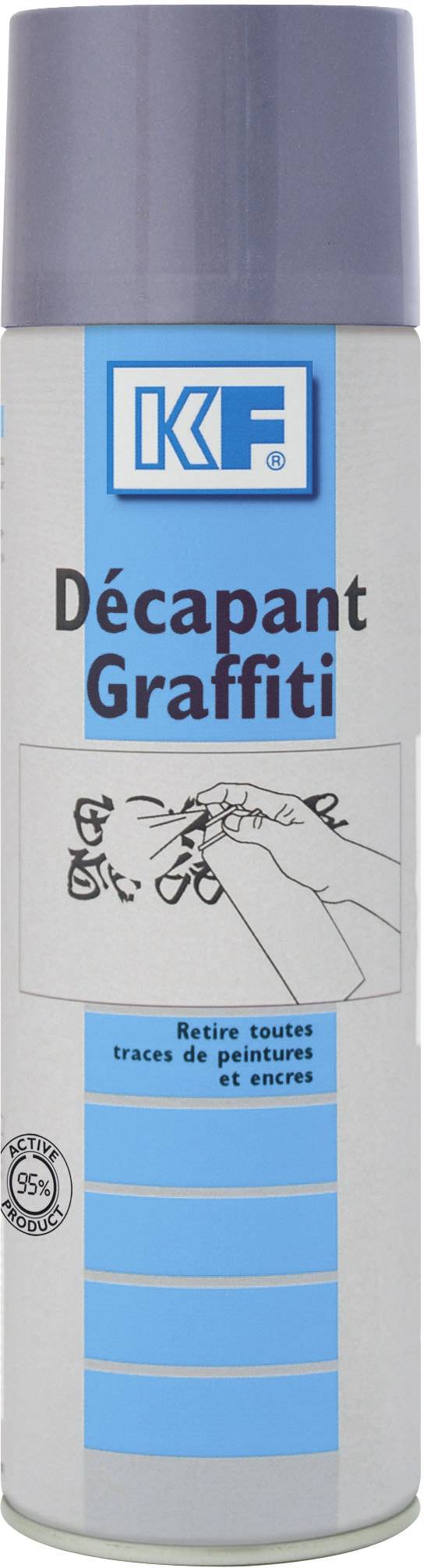 Bombe aérosol portant l'inscription 'Décapant Graffiti'. Elle présente une icône de mains retirant des graffitis. Adapté pour enlever la peinture et l'encre.