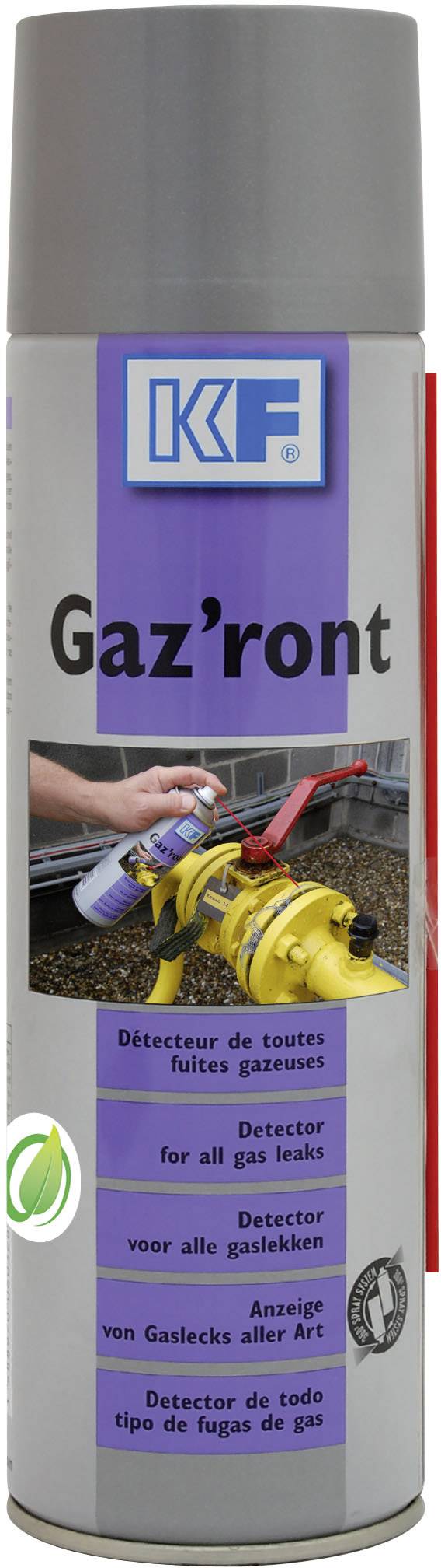 'Bombe aérosol KF Gaz'ront : Détecteur de fuites de gaz pour tous types de fuites. Démonstration de l'application sur un tuyau jaune.'