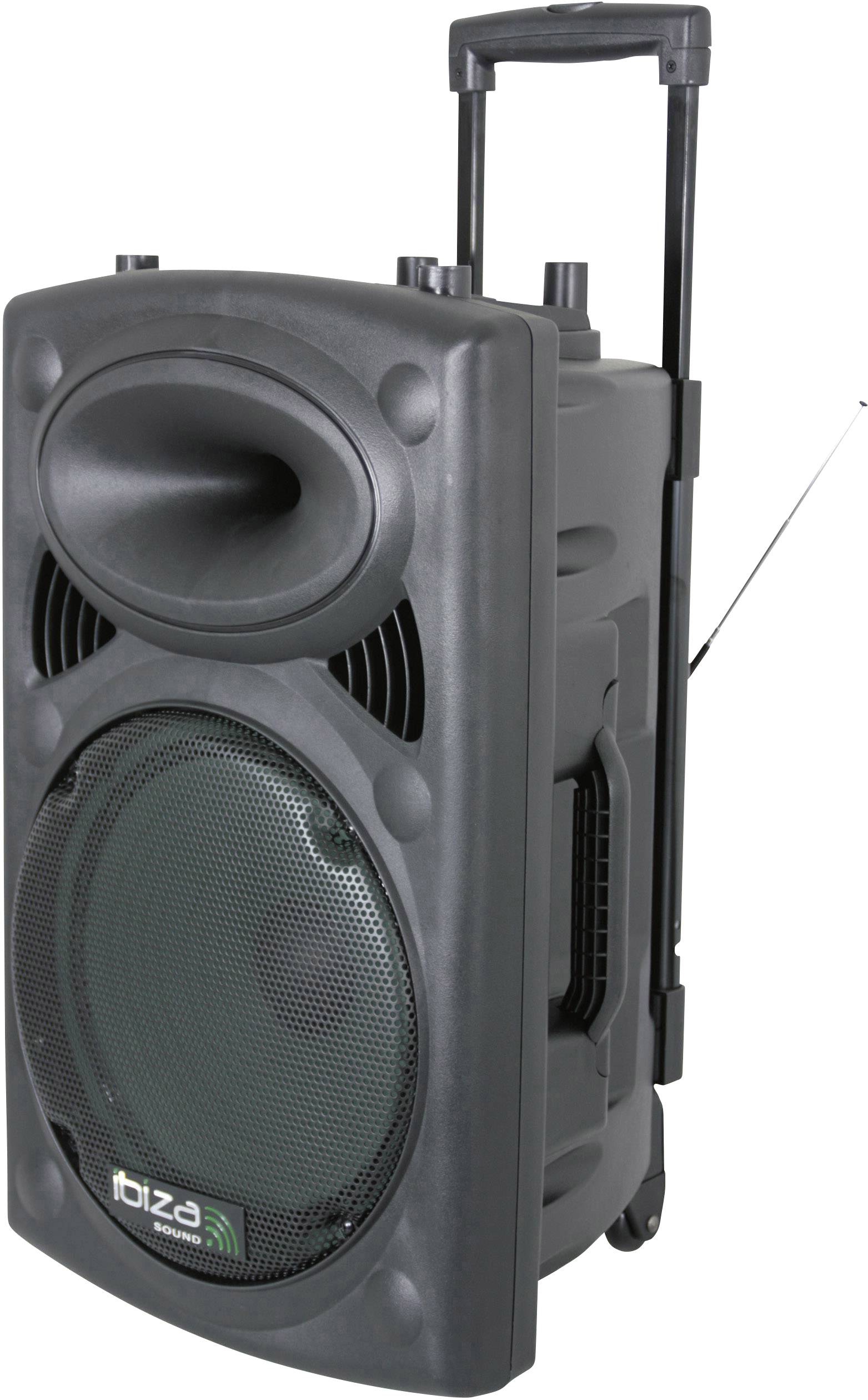 Haut-parleur portable noir avec roues et poignée télescopique, idéal pour les événements en plein air.