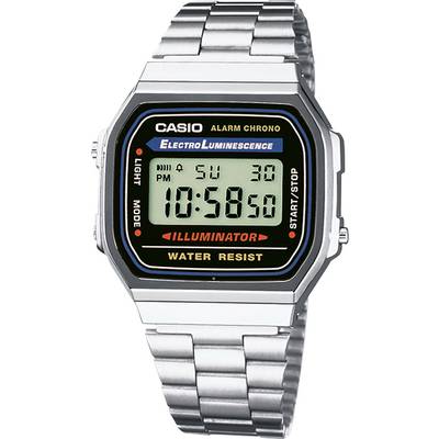 Montre digitale avec bracelet en métal, affichant 10:58. Fonctions : alarme, chronomètre, rétroéclairage. Marque : Casio.