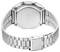 Montre-bracelet argentée vue de dos, bracelet en acier, boîtier rectangulaire. Boîtier métallique fermé visible, avec des détails gravés.