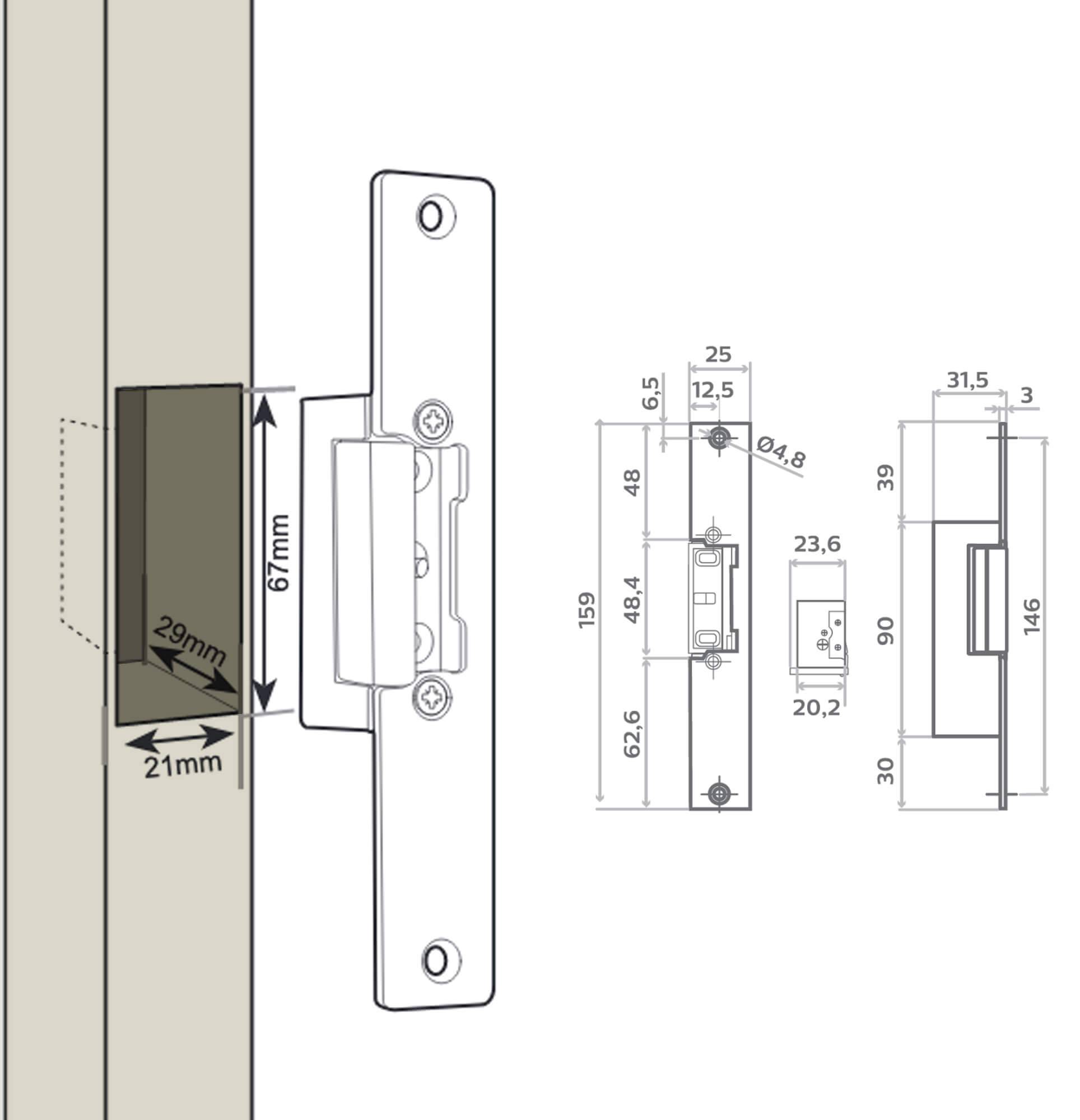 Dessin technique d'une serrure de porte avec dimensions. Vue détaillée montrant les mesures en millimètres. À gauche : serrure positionnée dans l'encadrement de la porte.