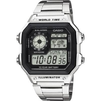 Montre-bracelet numérique en acier inoxydable, affichant '10:08:36', avec des fonctionnalités telles que l'heure mondiale, 5 alarmes, un chronomètre et une batterie de 10 ans.