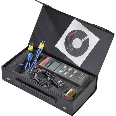Une valise ouverte contenant un appareil de mesure numérique de température, deux câbles de sondes, un câble USB, une batterie et un CD.