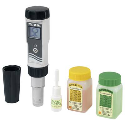 Un pH-mètre numérique avec un affichage indiquant '0.0', accompagné d'un capuchon noir, d'une bouteille de solution de trempage et de deux bouteilles de solutions tampon étiquetées en orange et en vert.