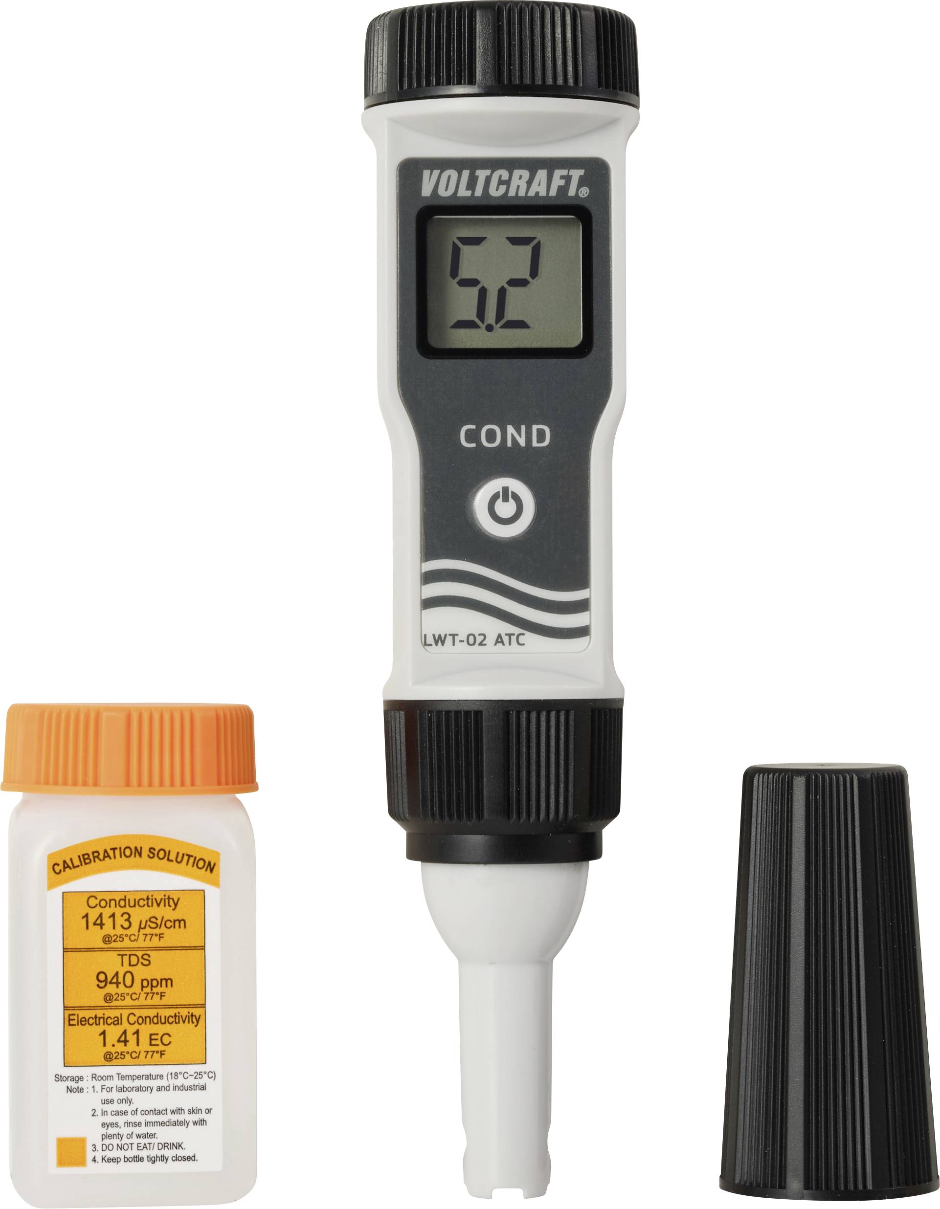 Un conductimètre numérique affiche '5,2' sur son écran. Il est accompagné d'un flacon de solution de calibrage et d'un capuchon de protection.