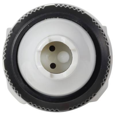 Vue de dessus d'un connecteur cylindrique blanc avec un bord circulaire noir et trois trous au centre, ressemblant à un composant électrique.