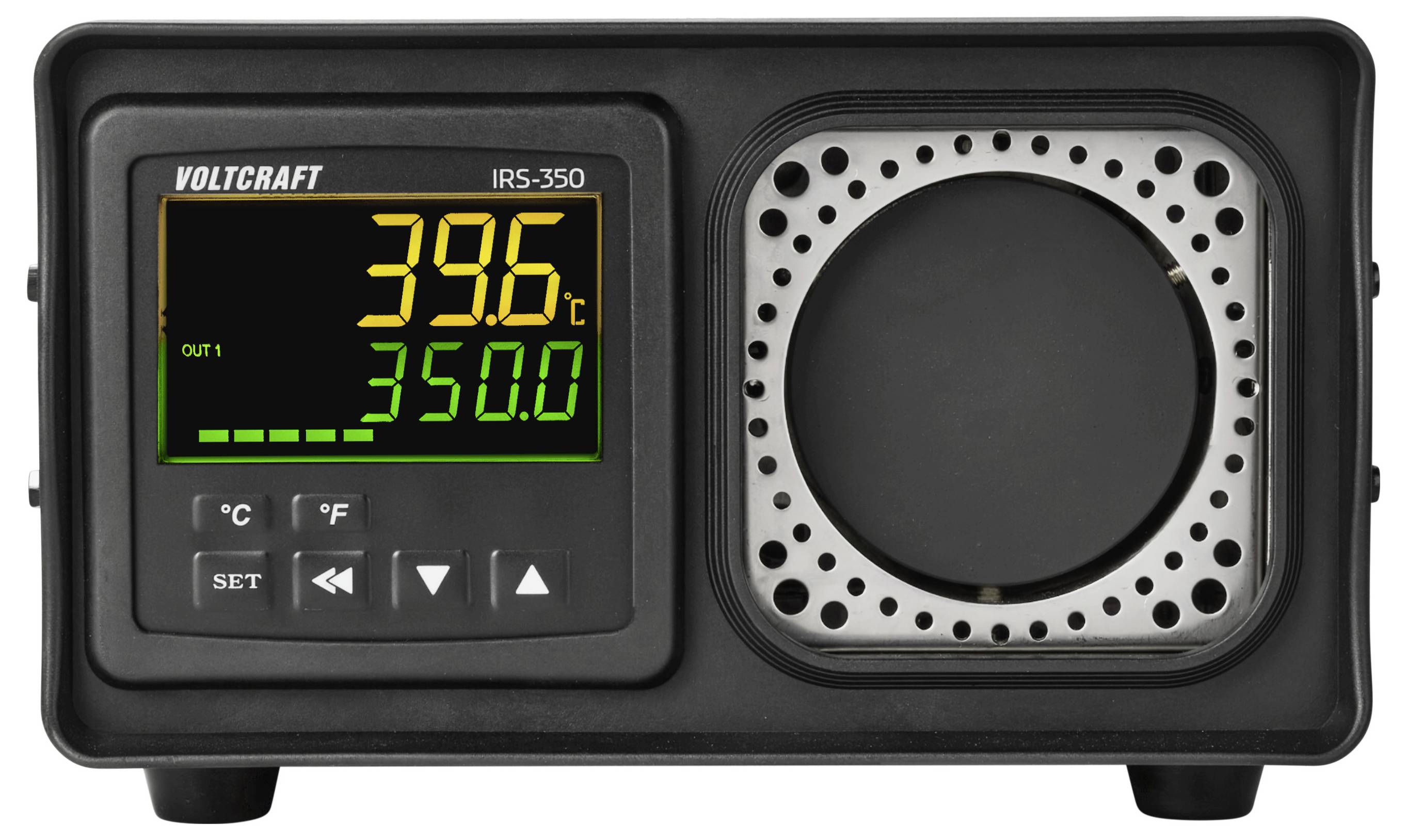 VOLTCRAFT IRS-350 contrôleur de chauffage infrarouge avec affichage numérique affichant 39,6°C et 350,0, plus boutons de contrôle de température et zone de chauffeur circulaire.
