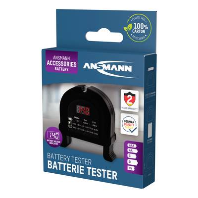 Emballage d'un testeur de batterie Ansmann, avec affichage numérique pour piles AA, AAA, C, D, 9V. Emballage écologique.