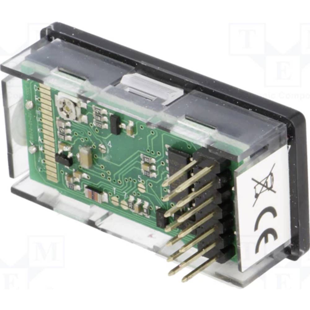 Composant électronique avec carte de circuit imprimé et plusieurs broches de connexion, recouvert d'un boîtier transparent. Marquage CE visible.