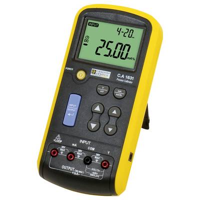 Calibrateur manuel dans un boîtier jaune, affichant '4-20 DC 25,00 mA' sur l'écran. Comprend des touches et des bornes pour les mesures électriques.