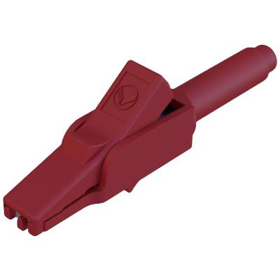 Pince crocodile rouge en plastique avec poignée isolée, adaptée pour la connexion sécurisée aux cordons de test électriques.