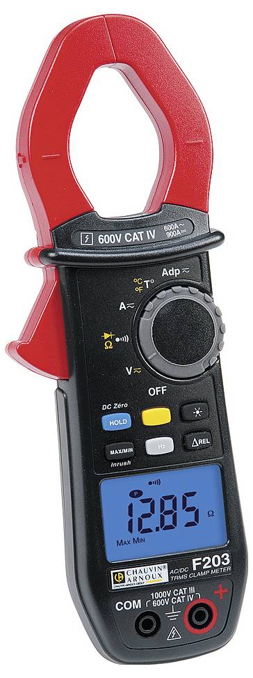 Ampèremètre numérique à pince avec pince rouge, affichant 12,85 sur un écran bleu. Appareil adapté pour des mesures jusqu'à 600V CAT IV.