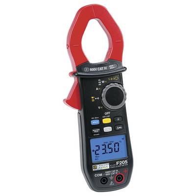 Un ampèremètre numérique à pince avec crochet en plastique rouge et affichage bleu. Affiche la valeur de mesure '2350 W', adapté pour 600V CAT IV.