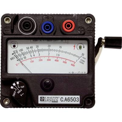 Testeur de tension analogique avec échelle de mesure pour ohms, volts et ampères. Aiguille pointant sur l'échelle. Bornes de connexion en haut. Modèle 'C.A6503'.