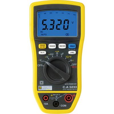 Multimètre numérique, jaune et noir, affichant 5,320 volts sur l'écran. Comprend des commutateurs pour des fonctions telles que la tension, le courant et la résistance.