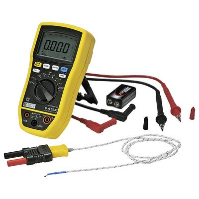 Multimètre avec boîtier jaune, sondes de mesure et une connexion pour batterie 9V. L'affichage indique '0,000'. Idéal pour mesurer la tension.