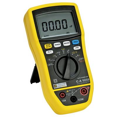 Multimètre numérique électrique avec boîtier jaune, sélecteur noir pour différentes fonctions de mesure, l'affichage indique '00,00 nF'.
