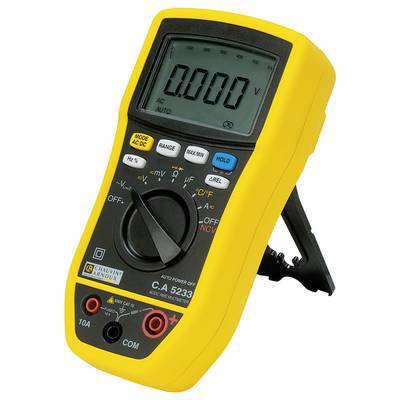 Un multimètre numérique jaune affiche 0,000 V. Il dispose de plusieurs touches et boutons rotatifs pour sélectionner les plages de mesure et les modes.