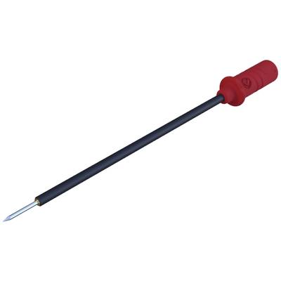 Un tournevis long et isolé avec une poignée rouge et une lame plate et étroite en métal, sur un fond blanc.