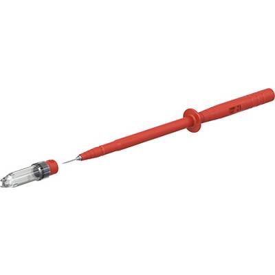 Un testeur de tension rouge avec pointe de test et poignée transparente, utilisé pour vérifier les tensions électriques.