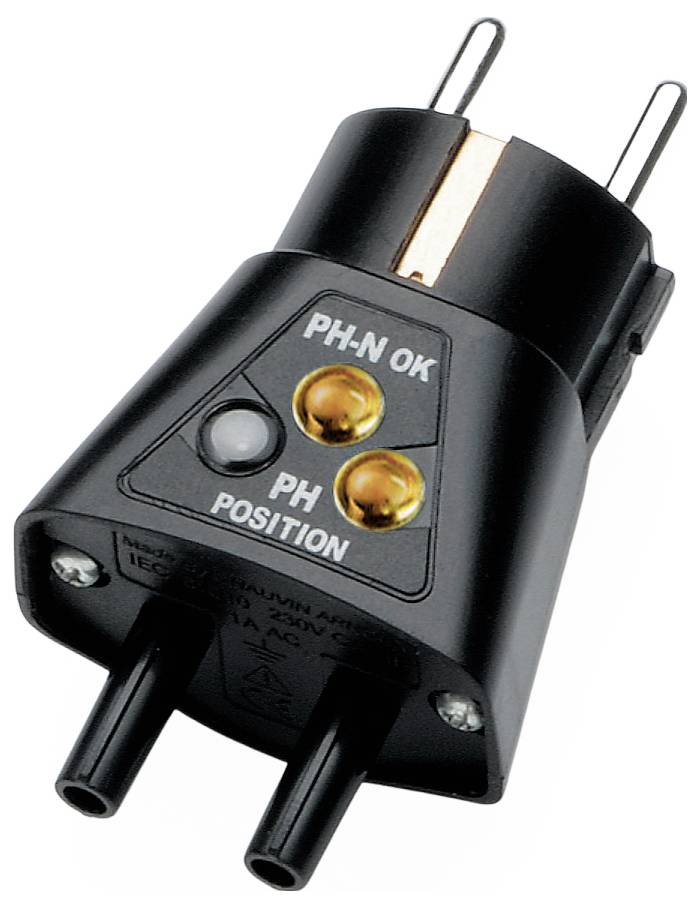 Un adaptateur de courant est présenté avec deux prises et des voyants LED indiquant le bon positionnement avec 'PH-N OK' et 'PH POSITION'.