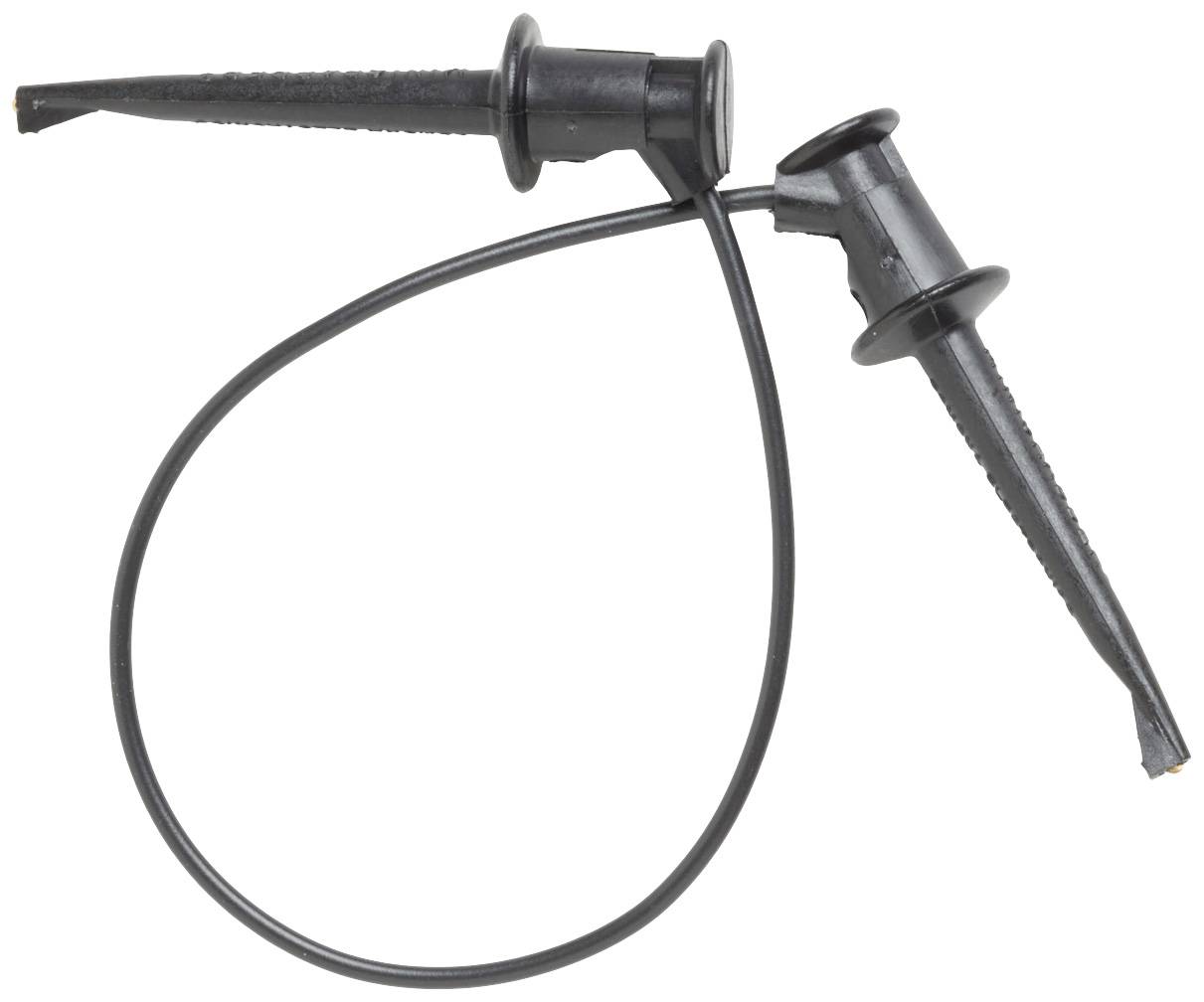 Un testeur noir avec pince crocodile et câble, utilisé pour les tests et mesures électriques en électronique.