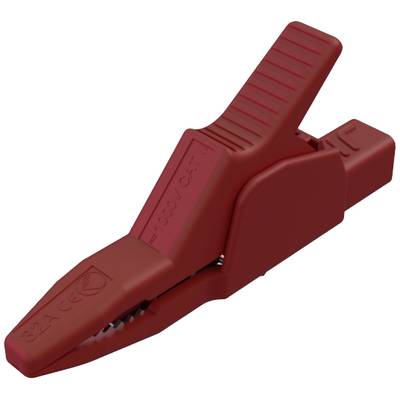 Pince crocodile rouge, adaptée aux connexions électriques jusqu'à 1000V et 32A, avec marquage CE.