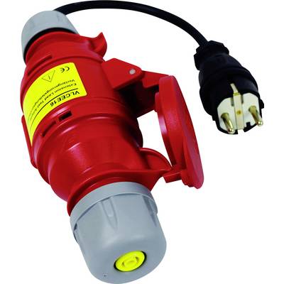 Une prise industrielle rouge avec capuchon de protection et câble réseau noir. Adaptée aux applications haute tension, conception robuste.