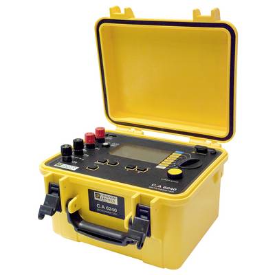 Appareil de mesure électrique portable jaune dans un boîtier ouvert, équipé de commandes et d'un affichage, adapté aux applications professionnelles.