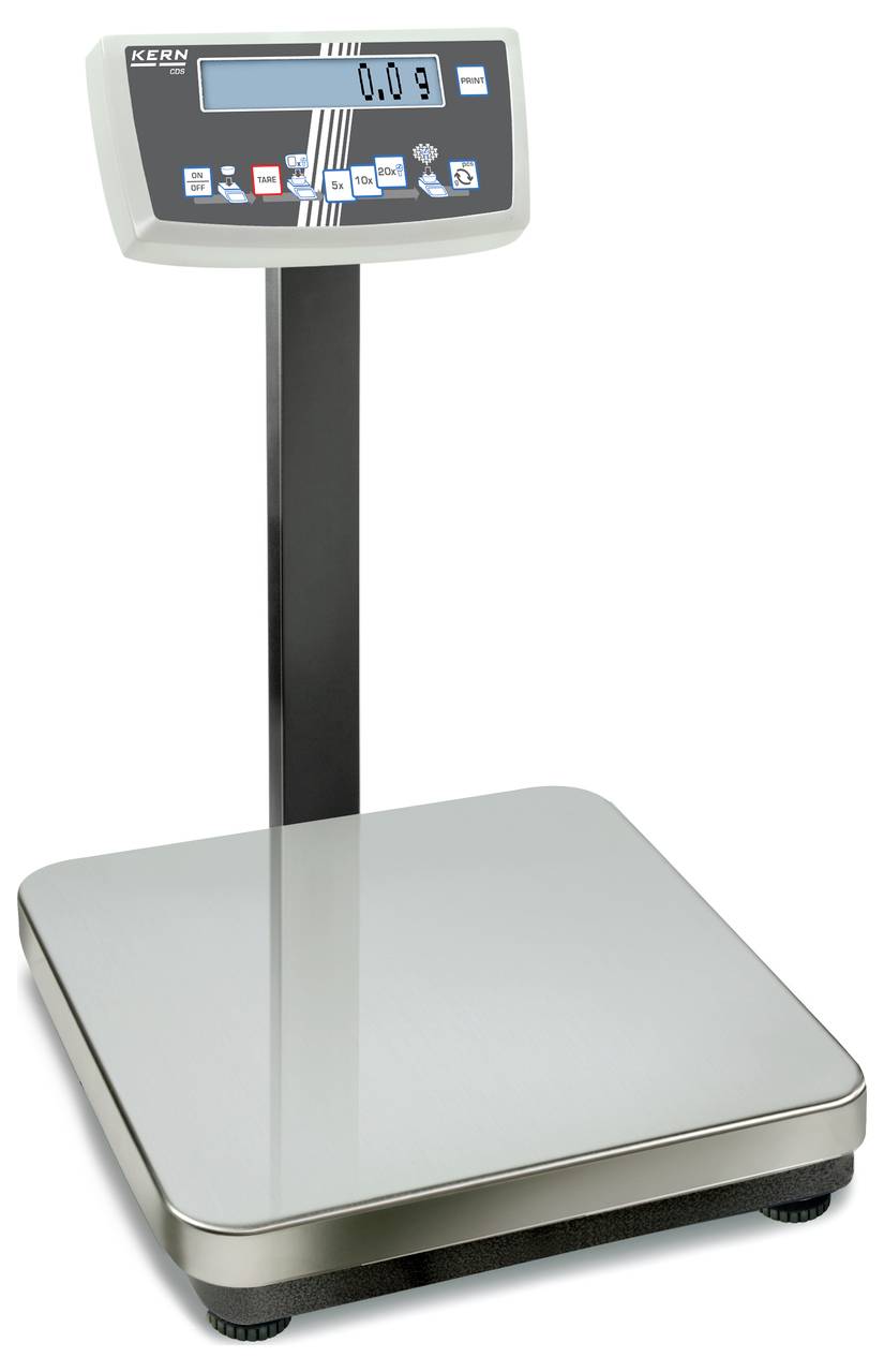 Balance électronique avec affichage numérique indiquant '0,0 kg'. Elle est posée sur un support métallique, adaptée pour peser des objets.