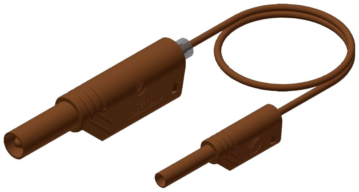 Objet brun, allongé, avec deux extrémités de tailles différentes et une boucle. Connexion filaire entre les parties.