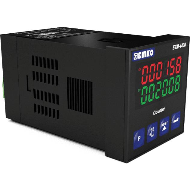 'Compteur numérique EZM-4430 avec affichages LED rouges et verts.'