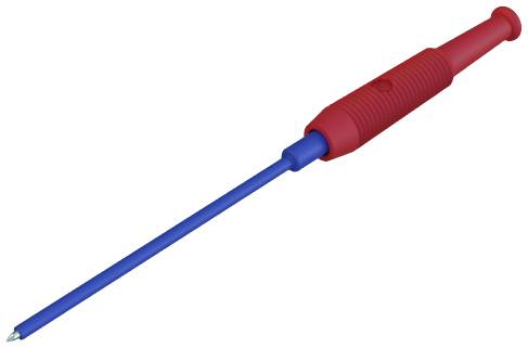 Un long testeur de tension bleu avec une poignée striée rouge.