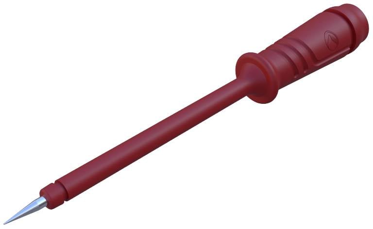 Un testeur de tension rouge avec une poignée isolée et une pointe métallique pointue pour détecter la présence de tension électrique.