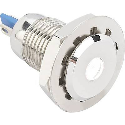 Un interrupteur métallique rond avec un indicateur LED lumineux, adapté aux appareils électroniques ou aux panneaux de commande de machines.