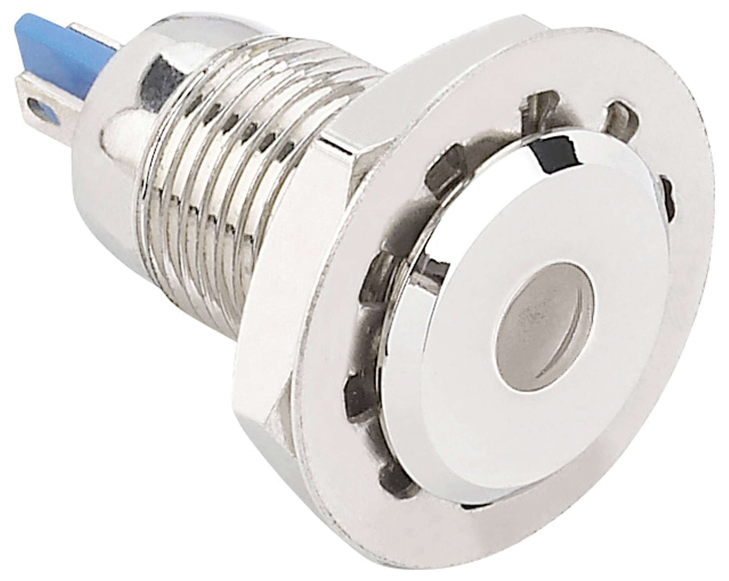 Un bouton rond en métal avec filetage et connecteur bleu, adapté au montage dans des appareils électroniques pour le contrôle ou la signalisation.