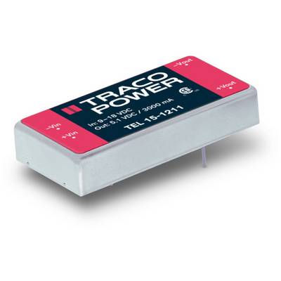 Un module rectangulaire portant l'inscription 'TRACO POWER', indique les spécifications de tension d'entrée et de sortie : Entrée 9-18 VDC, Sortie 5,1 VDC/3000 mA.