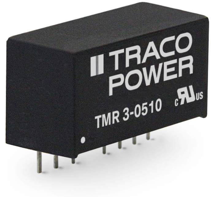 Transformateur de tension Traco Power noir avec inscription 'TMR 3-0510', doté de plusieurs broches pour la connexion électronique.