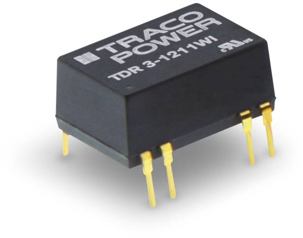 Un composant électronique de TRACO Power, modèle TDR 3-1211WI, avec six bornes de couleur or, est posé sur une surface claire.